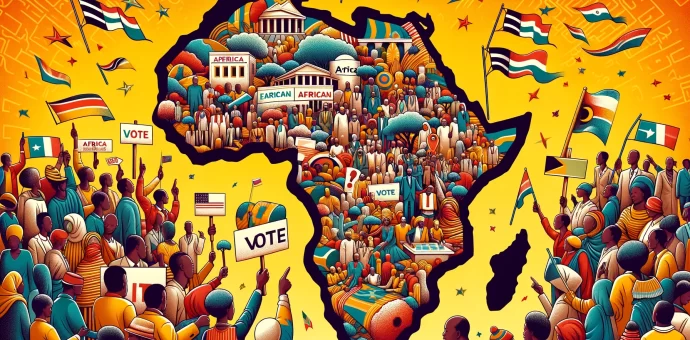 DALL·E 2024 02 16 17.44.01 Design a banner image that encapsulates the theme of elections in Africa ensuring the inclusion of an African map and elements of advocacy within the